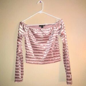 Off the shoulder sheer light pink/rose gold forever 21 long sleeve crop top